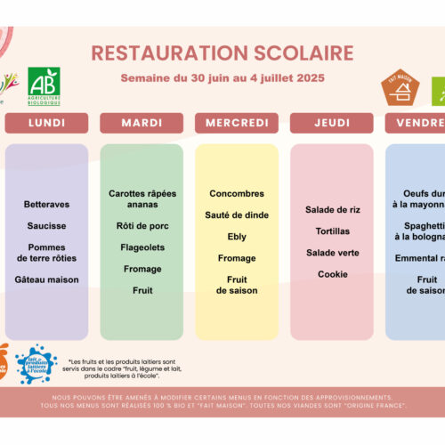 menu du 30 juin au 4 juillet