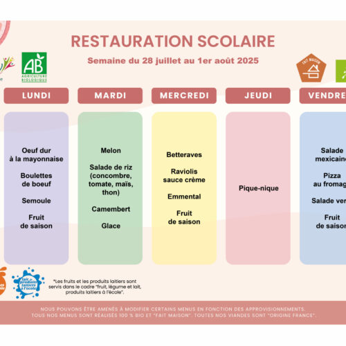 menu du 28 juillet au 1er aout